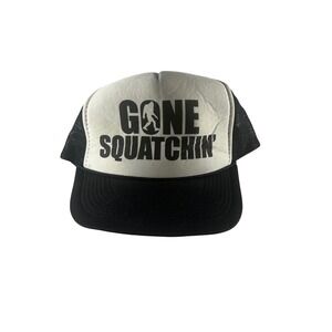 Vintage Gone Squatchin Trucker Hat SnapBack Black White Mesh Bigfoot One Size